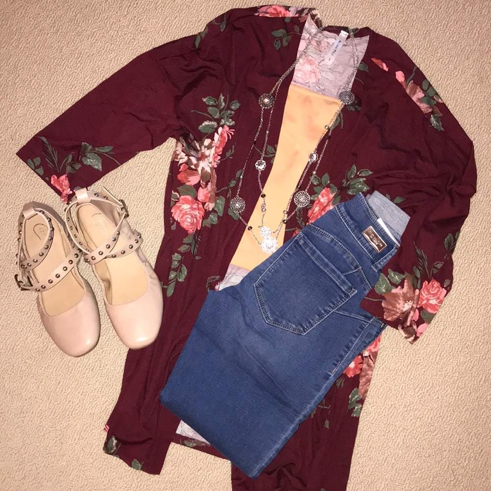 OMG Burgundy floral kimono top S NEW - Picture 6 of 6